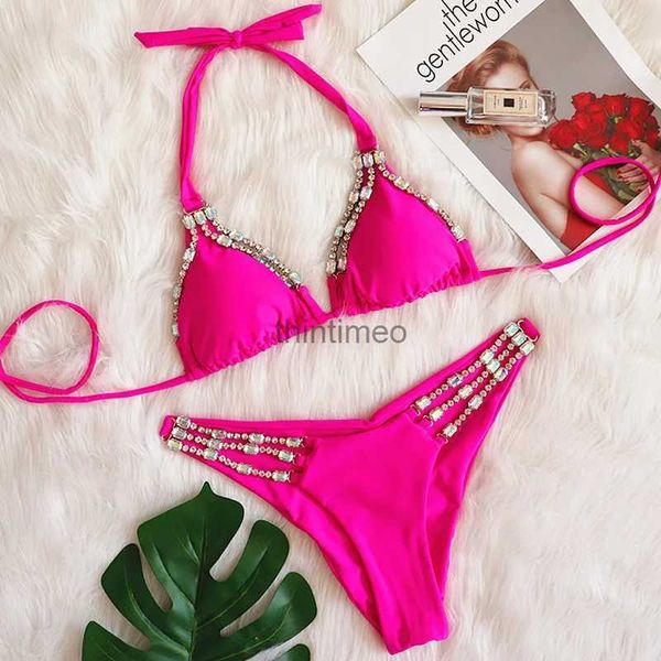 Traje de baño para mujer Rose Red Sexy Bikinis Traje de baño con diamantes de imitación Traje de baño para mujer Push Up Bikini Beach Swim Wear Trajes de baño Piscina Bañista YQ231219