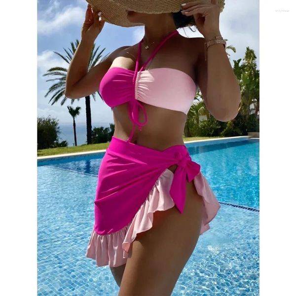 Traje de baño para mujer Rose Red Empalme Sexy Bikini Mujeres 3 piezas Falda con volantes Traje de baño Bandeau Sin tirantes Halter Cuello Alto Cintura Traje de baño