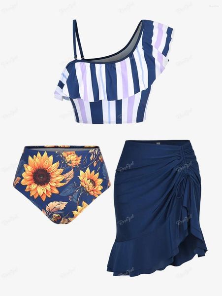 Swimwear de mujeres Rosegal Mujeres de talla grande Tres de tres piezas Tankini Tankini Swimsuit de hombro frío Color Bikinis Bikinis Impreso