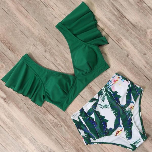 Traje de baño para mujer Conjunto de bikini con volantes Traje de baño de cintura alta Mujer con cuello en V Ropa de playa Biquinis Estampado floral Traje de baño Leopardo Mujeres 2023