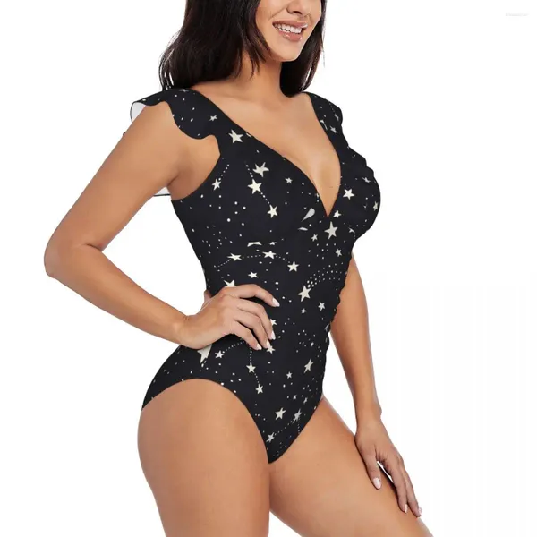 Swimwear féminin volant en maillot de bain une pièce Constellations et étoiles Sexy Lace Up Monokini Girl Beach Bathing Fulging