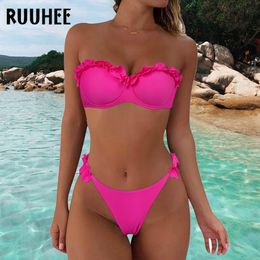 Swimwear féminin Ruuhee Bandeau Bikini Femme Swuffle Sexy Ruffle Set Push Up Bathing Feme Brésilien Leopard 230422