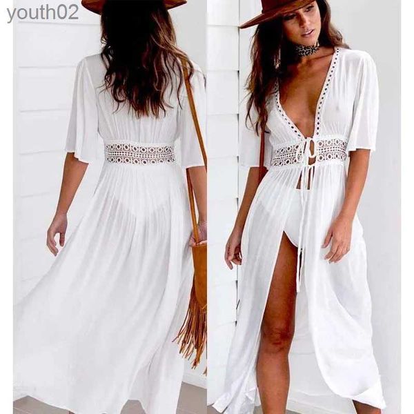 Traje de baño para mujer S-3XL Talla grande Mujer Vestido de playa Sólido Negro Blanco Encaje Ropa de playa Ropa de protección solar Ropa de punto Trajes de baño Mujeres Playa Cubrir YQ240227