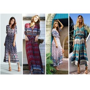 Maillots de bain pour femmes S-5XL Bohemian Maxi Femmes Robe imprimée Femmes Sexy Col V Summer Beach Vest Femmes Lâche Fleur Rétro Robe de soirée 24326