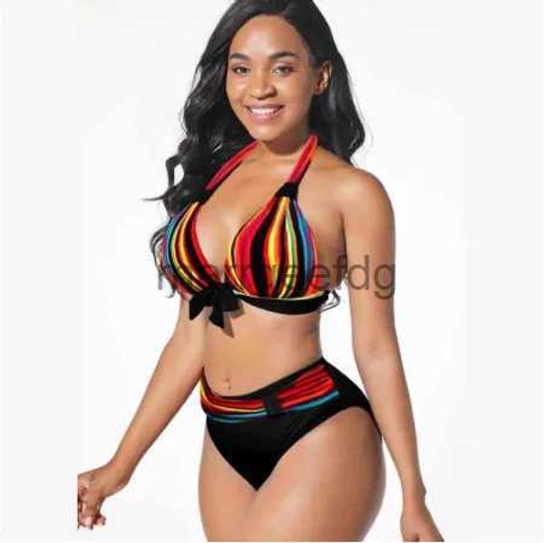 Traje de baño para mujer S-5XL Tallas grandes Conjunto de bikini a rayas de neón Push Up Mujeres Cintura alta Halter Traje de baño de playa Retro Bowknot Traje de baño Traje de baño YQ231101