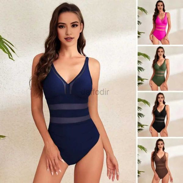 Traje de baño para mujer Traje de baño en forma de S Traje de baño integrado de retazos de malla para mujer Traje de playa con cuello en V profundo Control abdominal Cintura alta en forma de S 24326