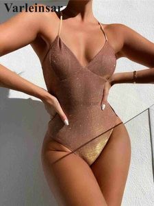 Swimwear féminin S - XL Sexy V Neck Coue High Cut One Piece Swimsuit Femme Swimwear Fe Bather Glitter Sparkling Bathing Fult Swim v2631SW D240429