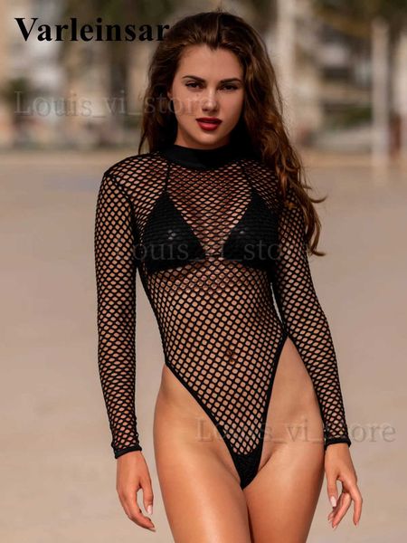 Maillots de bain pour femmes S-XL Femmes Maillots de bain Sexy Mesh Résille Sheer Manches longues High Cut String One Piece Maillot de bain Femme Baigneur Maillot de bain Swim V1595 T240227