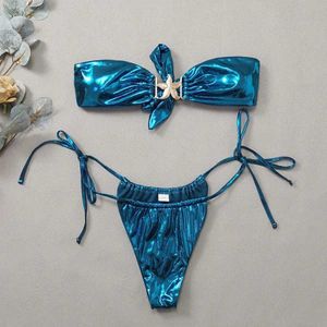 Dameszwemkleding Saffierblauw Glans Bikini 2024 Dameskleding Zwempak Zomer Strandvakantie Set String Zwempak Bandeau Rugloos Zwempak J240319