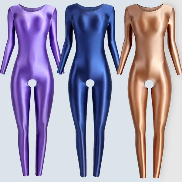 Maillots de bain pour femmes Satin Brillant Collants Sexy Brillant Lisse À Manches Longues Ouvert Entrejambe Maillot De Bain Wetsuit Sportswear Body Costumes Pour Femmes