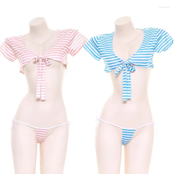 Maillots de bain pour femmes Écolière Beach Stripe Bikini Poitrine Laçage Split Maillot de bain Costume Étudiant Rose Uniforme Tentation Lingerie Cosplay