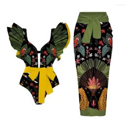 Dames badkleding Seaurale 2024 RUFF Gedrukte vrouwen 2pc cover-up zwempak Deep-V riem uit één stuk Monokini Kimono Bikini Pak Beachwear