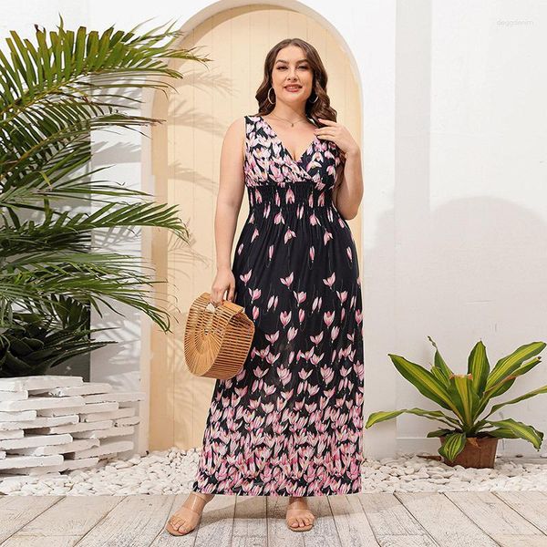 Maillots de bain pour femmes vendant une robe à imprimé floral de grande taille pour les femmes avec une jupe de plage de vacances à col en V en soie glacée