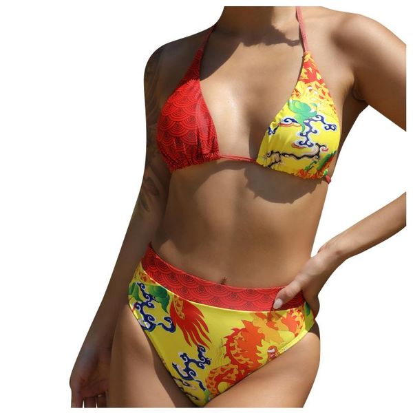 Maillot de bain pour femme Maillot de bain séparé 2 pièces Bikini à cordes de couleur pour les filles Plus la taille Tankinis Haut à licou Short imprimé Banadores