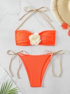 Traje de baño para mujer Sexy 3D Bikini Set 2024 Mujeres Halter Push Up Acolchado Lazo Lado Tanga Traje de baño Brasileño Naranja Traje de baño Micro