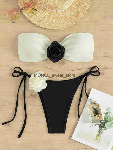 Swimwear Women's Sexy Sexy Floral Designer Bikini Set 2024 New Bandeau Push Up Bra Black and White Patch Work Mini Swimsuit Thong H240507