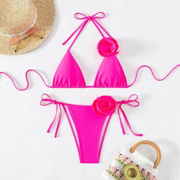 Swimwear para mujeres Sexy 3d Flower Rose Red Micro Mini Bikinis Sets Cadena Ata Dos piezas Tadio de timbres de timón