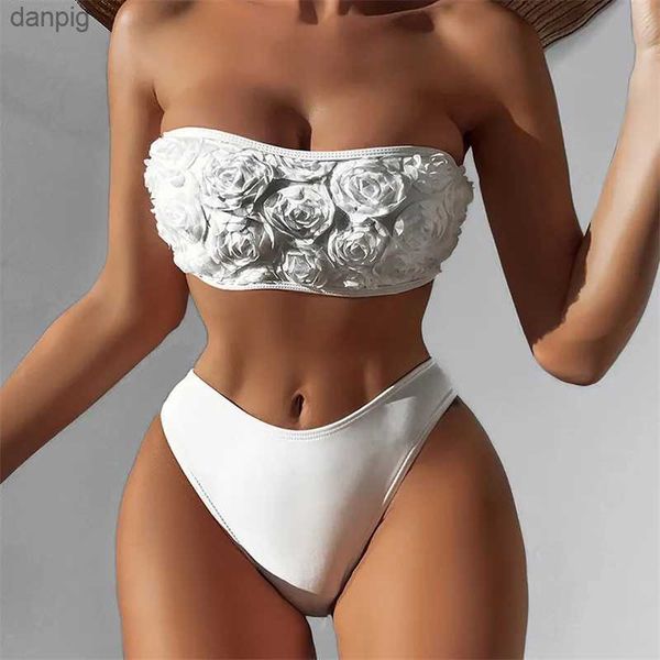 Swimwear de mujer sexy 3d flor blanca Bandeau Bikini Bikini de la cintura alta Traje de baño 2024 Mujeres Push Up Swimsuits Traje de baño de dos piezas Bikinis Mujer Y240402