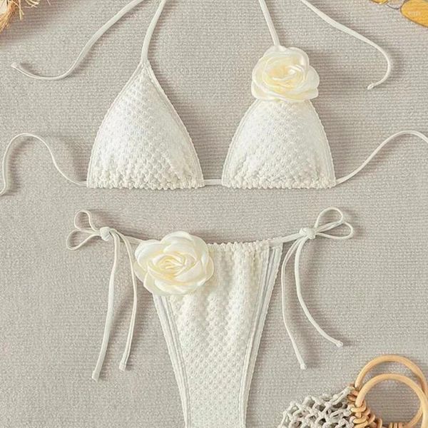 Swimwear Women Sexy Flower 3D Fleur blanc Rose micro mini bikinis Set Triangle deux morceaux de maillot de bain féminin rembourré Biquini