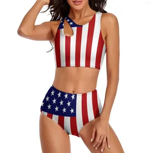 Damesbadmode sexy Amerikaanse vlag bikini badpak rode strepen print trend hoge taille aangepaste set uitgehold vrouwelijke bikini's
