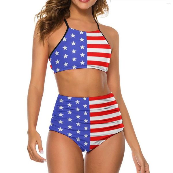 Maillots de bain pour femmes Sexy drapeau américain Bikini maillot de bain USA étoiles et rayures drôle taille haute conception ensemble Push Up Biquinis