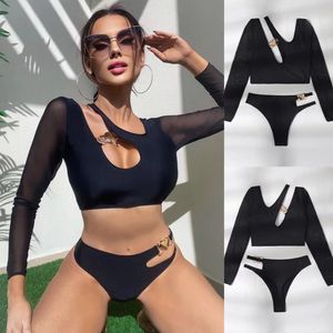 Vrouwen Badmode Sexy Asymmetrische Uitgesneden Lange Mouwen Bikini Vrouwelijke Badpak Vrouwen Tweedelige Set Bader Badpak zwemmen V4585