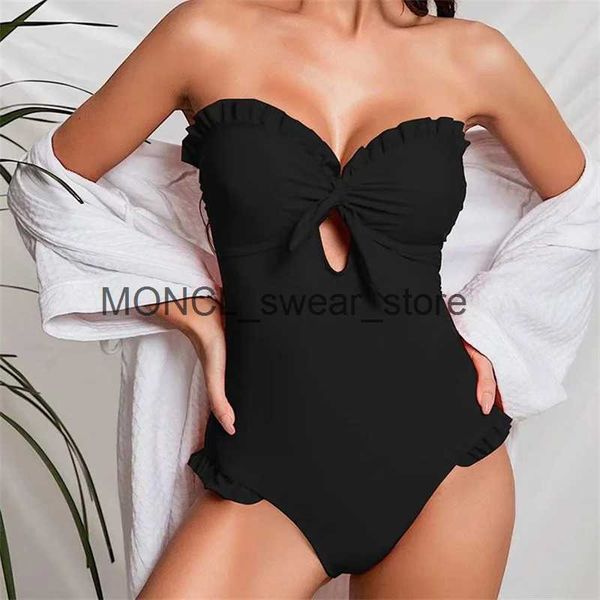 Traje de baño para mujer Sexy Bandeau Frente Corbata Mujeres Sólido Negro Blanco Volantes sin tirantes Traje de baño de una pieza 2023 Corte Trajes de baño de playaH24222