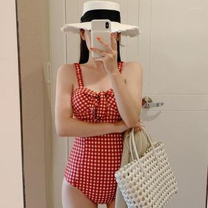 Maillot de bain femme Sexy Bandeau maillot de bain une pièce femme Plaid Push Up Monokini Pad maillot de bain nœud Trikini rouge bain Style coréen