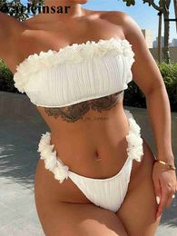 Dameszwemkleding Sexy bandeau gerimpelde gegolfde bikini met ruches Vrouwelijk badpak Damesbadmode Tweedelige bikiniset Zwemmerbadpak Zwemmen V4715 T240328