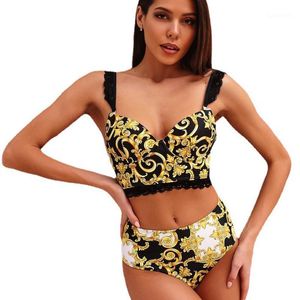 Dames Badmode Sexy Bikini Set Push Up Women Underwire Badpak Vrouwelijke Kant Bikinis Hoge Taille Print Rands Badpak