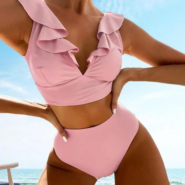 Swimwear féminin Sexy Bikini Set V-Neck Ruffle Stitching Tops High Waik Trunks Lace-Up Back Swimsuit Summer Women Brésilien Natation