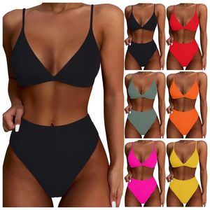 Swimwear pour femmes Bikini Couleur solide Swimsuit High Waist Bikinis Set Women Maillots de bain 2024 Summer Vacation Beach Biquini Bathing