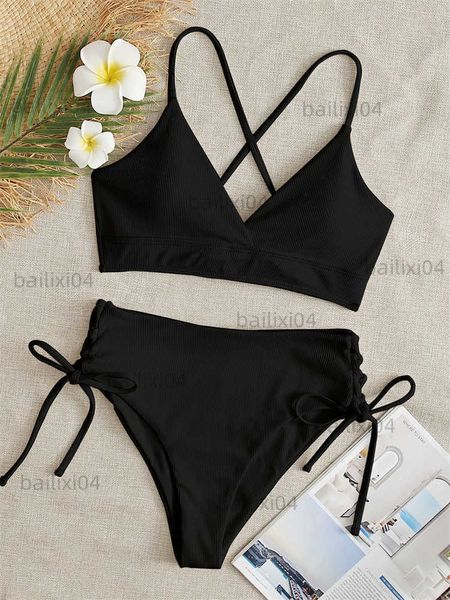 Traje de baño para mujer Bikini sexy para mujer traje de baño 2023 Nuevo traje de baño negro con cordones acanalado Conjunto de bikinis de cintura alta Traje de baño de playa de verano para mujer XL T230417 T230418