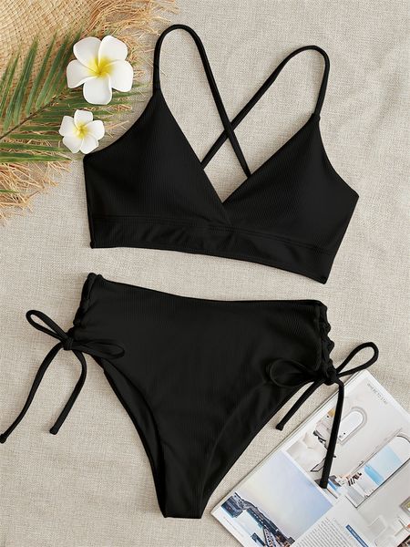 Traje de baño de mujer Bikini sexy Traje de baño de mujer 2023 Negro con cordones Acanalado Bikinis de cintura alta Conjunto Traje de baño de playa de verano para mujer XL 230224