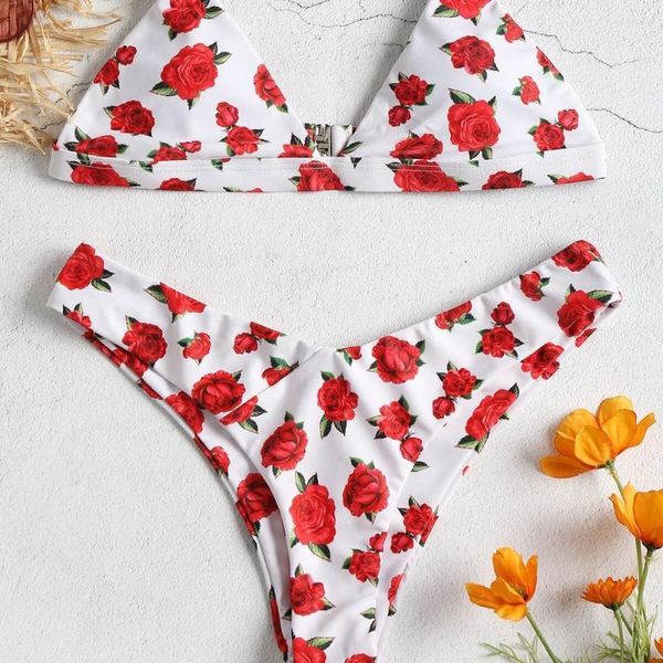 Bañador Sexy para Mujer, Bikinis 2023 con estampado de rosas para Mujer, biquini con relleno de realce, bañadores ajustados, traje de baño femenino de cintura baja, Bikini brasileño