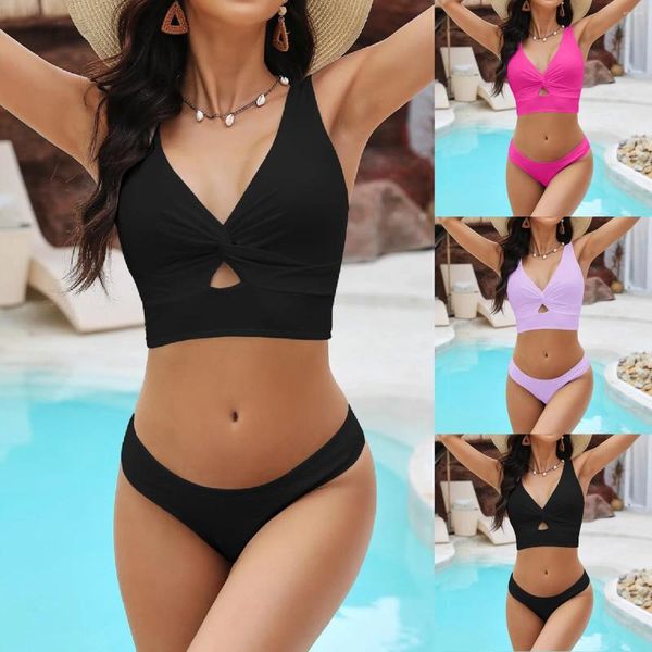 Traje de baño para mujer, Bikinis sexis, traje de baño de Color sólido para mujer, Top recortado acolchado, conjunto de Bikini Tankini, trajes de baño para playa