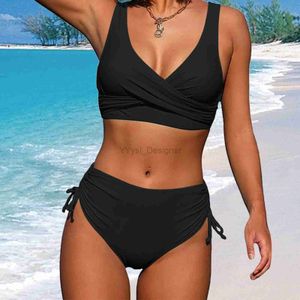 Swimwear féminin Sexy Black Bikini Set Swimwear pour femmes Fashion Low Taist Drstring Tankini MAINTORS SUMME VACHAGNE DE CHAMBORS DE CHAMBORS D240429