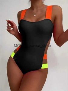 Dames Badmode Sexy Zwart Contrasterend Eendelig Badpak 2024 Dames Neon Strap Hollow Out Backless Monokini Zomer Badpak PatchworkH24222