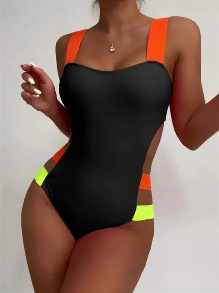 Swimwear de mujer Sexy Black Contrast One Piece Swimsuit 2024 Strap de neón HOMBRA HOJA MONOKINI MONOKINI SUMPRANTE POSTWORK