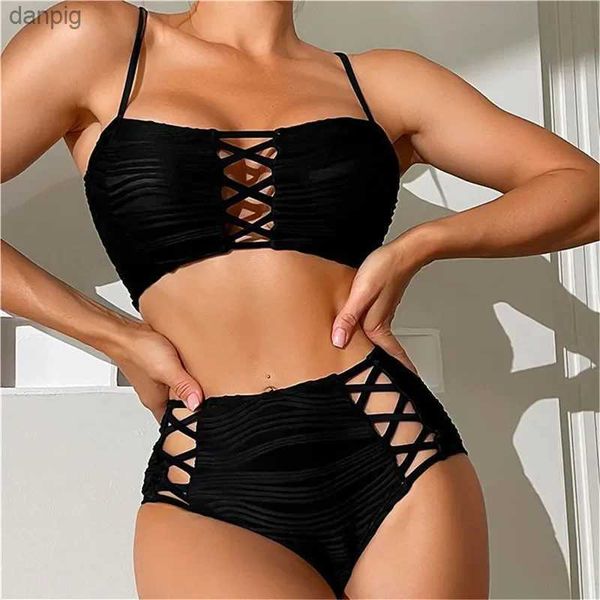 Swimwear féminin Bikinis de taille noire sexy et maillot de bain nervuré de maillots de bain à cordes de maillot de bain à cordes