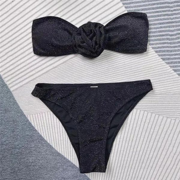 Traje de baño para mujer Sexy Negro Brillante 3D Flor Bandeau con cubierta Micro Thong 3 piezas Bikini Set 2024 Mujeres Trajes de baño Ropa de playa Bañistas