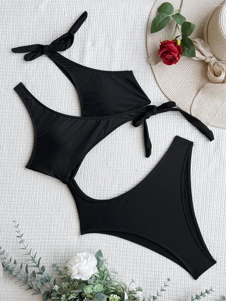 Swimwear de mujer Sexy Black Tip Cross Cross Trazo de baño sin na