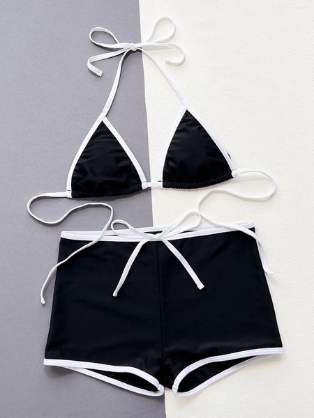 Swimwear Women Sexy Black White Color Bloc Bikinis Halter Sets Two Pieces Triangle Micro Bra avec Bott