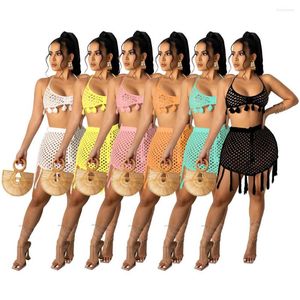 Maillots de bain pour femmes Soutien-gorge sexy Tassel Crochet Bikini Ensembles Été 2 Pièces Tricoté Beach Wear Halter Crop Top Cordon Mini Jupes Femmes