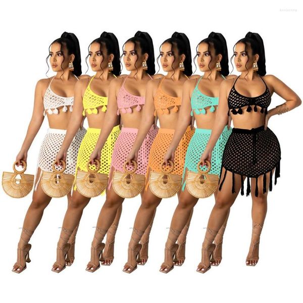 Traje de baño de mujer Sujetador sexy Borla Crochet Bikini Conjuntos Verano 2 piezas Ropa de playa de punto Halter Crop Top Cordón Mini faldas Mujeres
