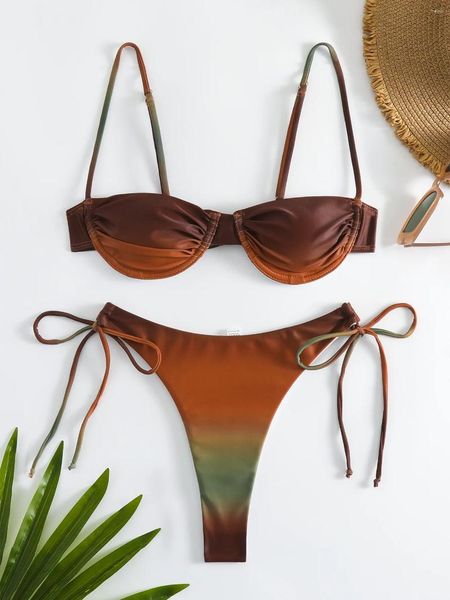 Bikini de gradient brun sexy de Brown Sexy Brown 2024 Femme plissée Push Up Micro Mimro Swimsuit Brésilien Brésilien Tie à cravate