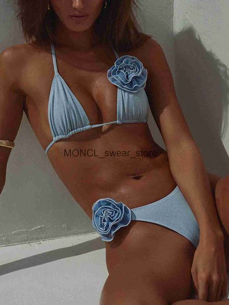 Traje de baño para mujer Sexy Chic 3D Flor Mujeres Bikini 2023 Sólido Azul Halter Push Up Bra Tanga Traje de baño Recorte Vendaje Traje de baño MicroH24222