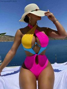 Maillots de bain pour femmes Sexy Contraste Couleur Maillots De Bain Femmes Halter Cross Underwire Cut Out One Piece Maillot De Bain Maillot De Bain Hot Pink Patchwork Bikini T230606