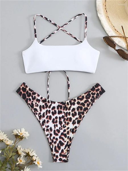 Traje de baño para mujer Sexy Criss Cross Bikinis Conjuntos 2024 Mujeres Push Up White Leopard Print High Cintura Traje de baño Cut Out Beach Traje de baño