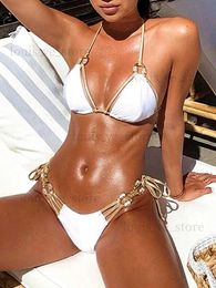 Dames Badmode Sexy Crystal Diamond Tassel Bikini 2023 Dames Gouden Bandeau-badpak Vrouwelijke badmode Geribbelde bikiniset Halter badpak Zwemmen T231215